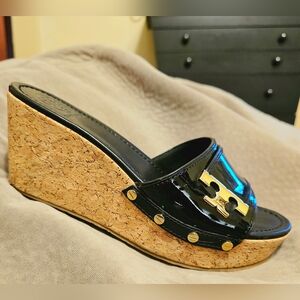 Tory Burch 'Pamela' Black Patent Leather Wedge Sandals